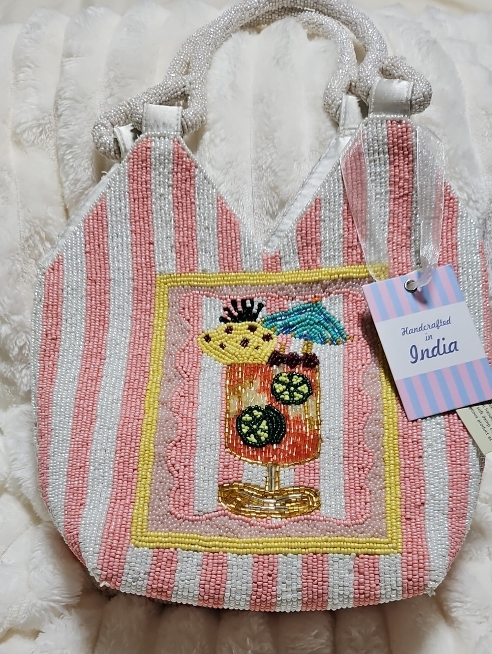 The Viral Pink & White Striped Beaded Tote with Tropical Drink Motif